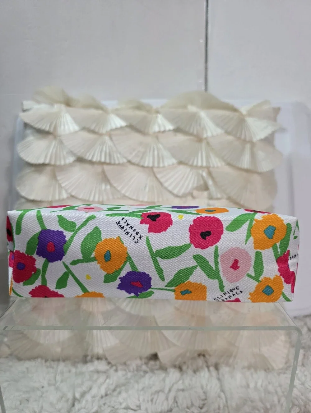 Clinique Floral Cosmetic Bag in White with Pink, Purple & Orange Blooms